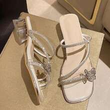 Sandalias de tacón alto para mujer Zapatillas de tacón grueso Ropa de verano para exteriores Sandalias con pedrería de nuevo estilo Sandalias de moda adornadas con lazos - Blanco - Ver 6