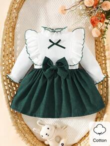 新生女宝宝白色长袖蕾丝领拼接粉色蝴蝶结连衣裙，秋冬新款优雅复古可爱面料舒适 - 墨綠色 - 查看 2