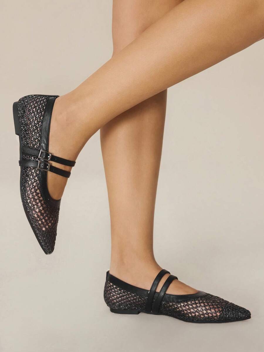 Styleloop Women's Pointed Toe Hollow Design Buckle Flat Shoes - Black - View 1
