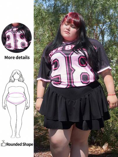 Enliva 休闲街头运动数字和字母印花V领宽松短袖大码粉色女式T恤