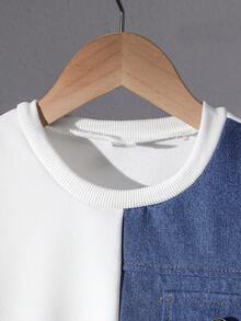 Genkimix Kids 男童休闲套装两件套，宽松圆领牛仔拼接T恤+宽松牛仔裤，春秋季