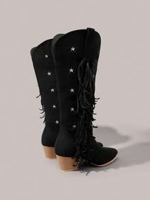 Styleloop Women's Pointed Toe Five-Pointed Star Embroidery Side Zipper Fringe Western Style Casual Chunky Heel Knee-High Boots For Christmas - Black - View 5