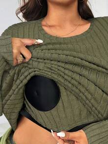 SHEIN EZwear 两件套加大码女式橄榄绿圆领长袖T恤和阔腿裤，休闲款 - 軍綠色 - 查看 5