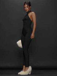 MUSERA High Neck Fitted Bodycon Capri Jumpsuit Autumn Winter Fall Going Out Everyday Night Out Sexy Streetwear Esky Party  Elegant Thanksgiving Chic - Black - View 4