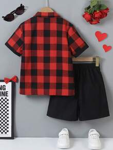 2pcs Tween Boy Valentine's Day Outfit - Red & Black Plaid Short Sleeve Shirt + Shorts/Trousers, Elegant & Suitable For Daily Wear, School, Outings, Valentine's Day - Red - View 2