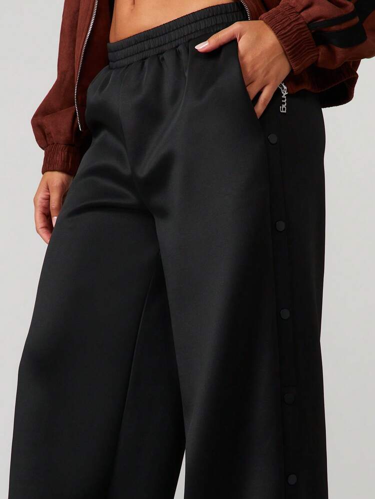 MISSGUIDED Wide Leg Tricot Joggers With Popper Button Side Seam Detail Elastic Waistband Relaxed Comfortable Lounge Pants