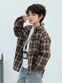 Dazy Kids 大码男童宽松休闲格子衬衫，秋季款 - 棕色 - 查看 2