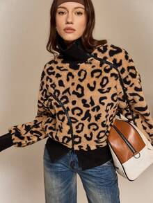 Hanevo Casual Leopard Print Zip-Up Turtleneck Sweatshirt, Autumn/Winter - Multicolor - View 6