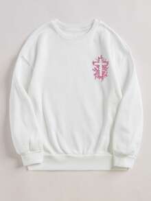 INAWLY 新款刺绣花卉十字架卫衣/宗教信仰服饰/基督教/宽松休闲春季复活节女式套头衫毕业季、返校季、毕业典礼、女教师、秋季返校季 - 白色 - 查看 2