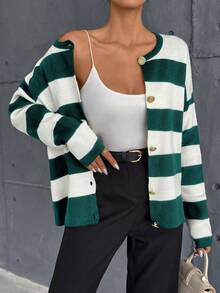 EURMUSE Elegant Contrast Color Stripe Color Block Round Neck Long Sleeve Golden Button Detailed Cardigan - Dark Green - View 3