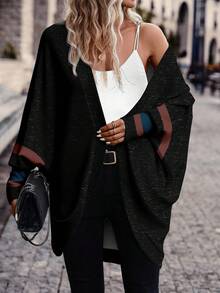 SHEIN Frenchy Women's Contrast Striped Batwing Sleeve Fashionable Versatile Travel & Holiday Jacket Casual Black Spring - Black - View 4