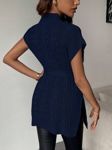 EMERY ROSE Stand Collar Split Tie Knot Casual Versatile Short Sleeve Sweater Vest - Navy Blue - View 2