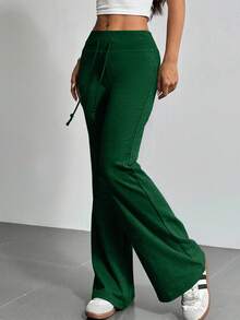 SHEIN Cottnline Drawstring Waist Flare Leg Sweatpants - Green - View 4