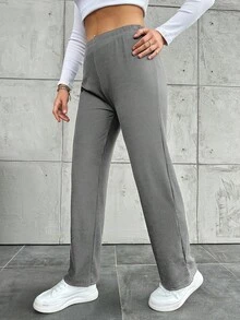 Pantalones rectos de unicolor informales de talla grande - Gris - Ver 4