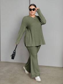 SHEIN Essnce 大码女装秋冬休闲宽松舒适杏色保暖磨毛长袖套头T恤和长裤两件套，秋季女装，裤装套装，套装，机场穿搭，冬季套装，毛绒套装 - 橄欖綠 - 查看 3