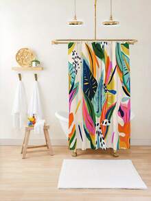 1pc [Vibrant Shower Curtain] Tropical Leaf Print Non-Light-Blocking Shower Curtain | Colorful Retro Design With Hooks, Machine Washable Polyester | Yellow Blue Pink Green Pattern For Bathroom Decor, Shower Curtain For Bathrooms - Multicolor - View 6