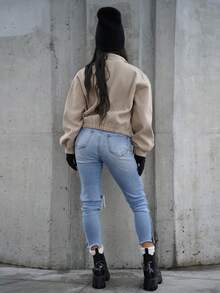 SAYEHFBABY 女式纯色立领口袋短夹克，秋装 - 杏色 - 查看 2