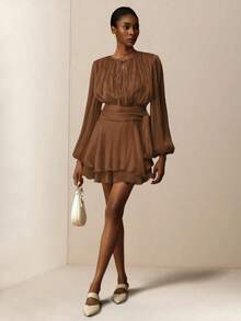 Vesra 杏色系带长袖荷叶边下摆设计女士短裙 - 咖啡 - 查看 4