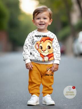 Schattige leeuwenwelp cartoon, oranje vrolijke leeuwenwelp lijntekening, familie, blij, ouderliefde, mama, papa en ik, babyjongen casual losse gebreide zachte trui, geschikt voor herfst/winter