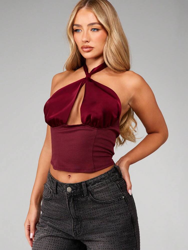 MISSGUIDED Satin And Ribbed Corset Halter Neck Top With Keyhole Cutout And Lace Up Back Detail