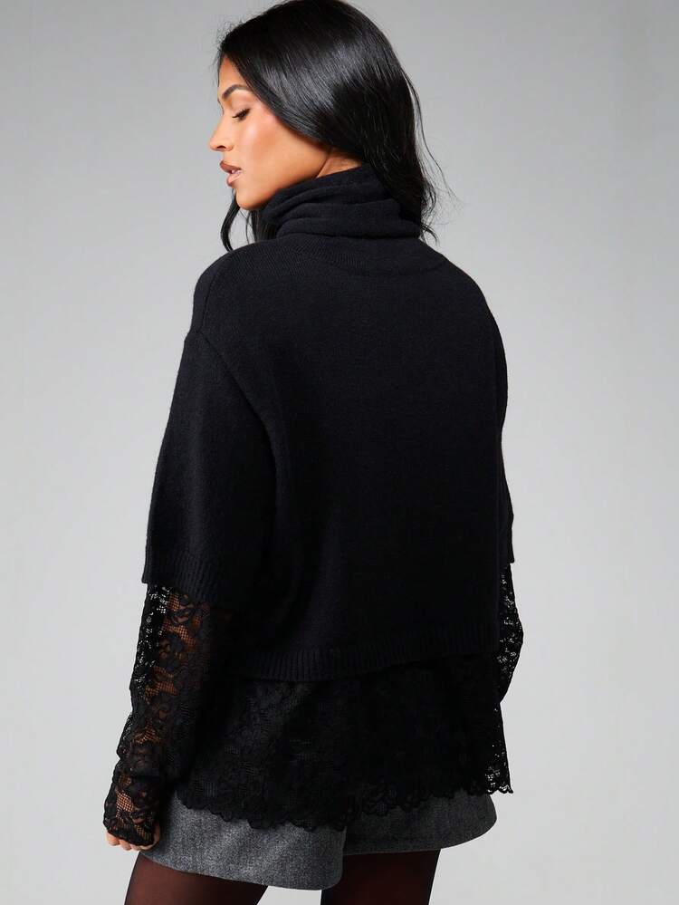MISSGUIDED Turtleneck Cropped Long Sleeve Lace Detail Hem Jumper Sweater Fall Winter Casual Layering Top