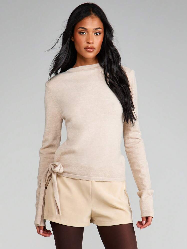MISSGUIDED Ribbed Knit Long Sleeve Sweater With Side Tie Detail Round Neck Pullover Fall Winter Layering Essential
