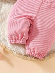 SHEIN Newborn Flamingo Pattern Embroidered Bib Overalls & Long Sleeve T-Shirt Set - Pink - View 5