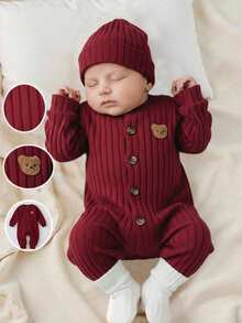 1件装新生儿可爱百搭休闲连体衣，红色小图案防滑条纹面料，舒适休闲，百搭时尚，适合日常穿着，室内外皆宜，可用于日常生活、运动、玩耍、聚会、拍照、度假和节日等场合，春、夏、秋、冬四季皆可穿着。 - 酒紅色 - 查看 1