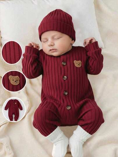 1件装新生儿可爱百搭休闲连体衣，红色小图案防滑条纹面料，舒适休闲，百搭时尚，适合日常穿着，室内外皆宜，可用于日常生活、运动、玩耍、聚会、拍照、度假和节日等场合，春、夏、秋、冬四季皆可穿着。