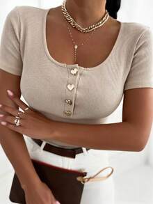 INAWLY 修身性感圆领半开襟心形纽扣休闲短袖女式T恤 - 杏色 - 查看 1