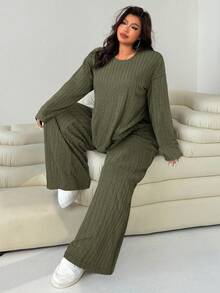 SHEIN EZwear 两件套加大码女式橄榄绿圆领长袖T恤和阔腿裤，休闲款 - 軍綠色 - 查看 4