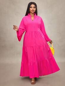 Truni Sukienka koszulowa damska w dużym rozmiarze, swobodna, luźna, tkana, o kroju litery A, - Wyrazisty róż - Zobacz 4