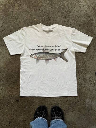 Glimmora 男士圆领标语鱼印花休闲短袖T恤