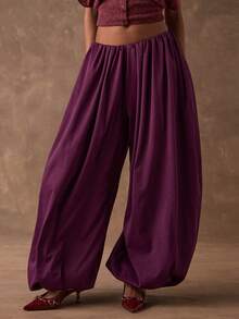 SHEIN BAE Women's Spring/Summer Plain Purple Elastic Waist Loose Casual Pants / Balloon Pants / Loose Jogger Pants / Curved Knife Pants / Extra Wide Leg Pants / Summer Long Pants / Casual Long Pants/Holiday Outfits For Women/Going Out/Harem Pants/Bloomers  Pants Dark Purple Pants Loose Pants Baggy Pants - Maroon - View 5