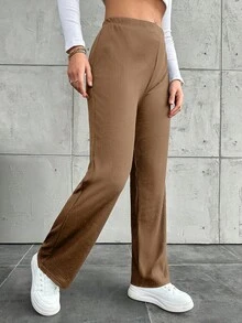 Pantalones rectos de unicolor informales de talla grande - Marrón Mocha - Ver 1