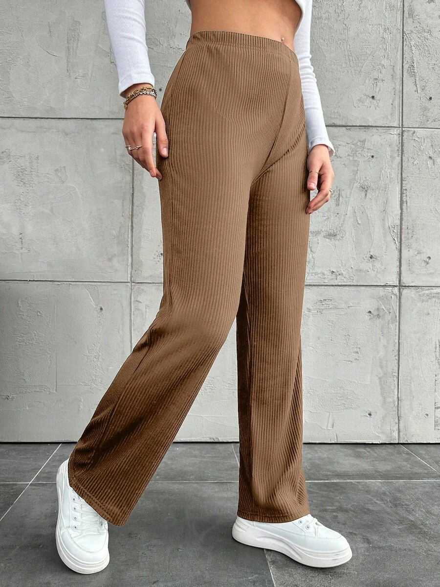 Pantalones rectos de unicolor informales de talla grande - Marrón Mocha - Ver 1
