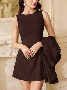 Vintamour Women 2 Pieces Vintage Elegant Dress & Blazer Coat Set For Autumn Winter - Coffee Brown - View 2