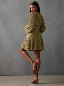 NYA SZN Dress Long Sleeve V Neck Plunge Skater Skirt Loose Flowy Textured Green Festive Holiday Valentines Day Event Party Luxury Elegant Mini Length Carnival Outfits For Women - Green - View 2