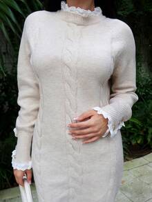 Durrani Popal 长袖圆领蕾丝边杏色连衣裙，秋冬 - 杏色 - 查看 3