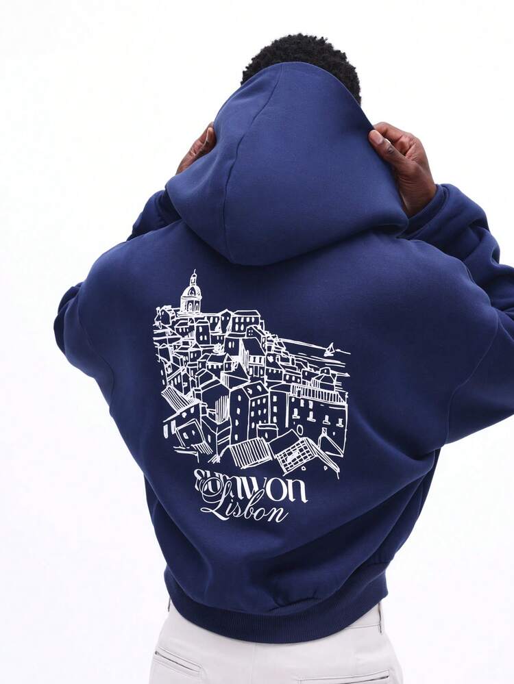 Granatowa bluza z kapturem zapinana na zamek z grafiką miejską