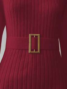 GlowEve 秋冬新款金属可调节扣腰带，高领喇叭袖休闲舒适时尚优雅毛衣裙，适合多种场合 - 酒紅色 - 查看 4