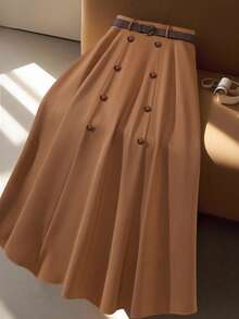 GlowEve CURVE Plus Size Women's Elegant Commuter, Decorative Button, Belt, A-Line Suede Skirt - Brown - View 3