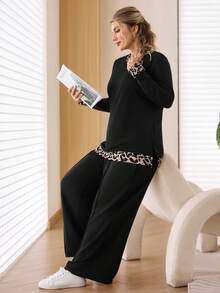 EMERY ROSE Bộ đồ thường ngày rộng rãi, thoải mái, họa tiết da báo, tay dài và ống rộng cho nữ cỡ lớn - màu đen - Xem 4