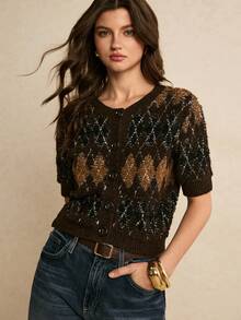 Poéselle Áo khoác cardigan tay ngắn họa tiết hình thoi dành cho nữ, áo len thanh lịch cho nữ, trang phục thường ngày, áo dành cho nữ dịp năm mới, thích hợp mặc hàng ngày, đi chơi, đi làm, mùa thu/đông, áo kiểu thanh lịch cho nữ. - Cà phê nâu - Xem 4