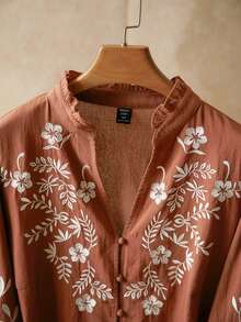 Elaquor Plus Size Floral Embroidery Notched Neck Casual Vacation Boho Brown Blouse Spring - Rust Brown - View 4