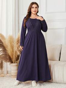 Lacomfia Vestido de manga larga de unicolor con parches de encaje para tallas grandes