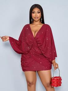 SOLERSUN Women's Plus Size Burgundy Autumn Girlism Night Out Club Elegant Christmas Party Vacation & V Neck Ruched Knitted Long Sleeve Bodycon Dress - Red - View 6