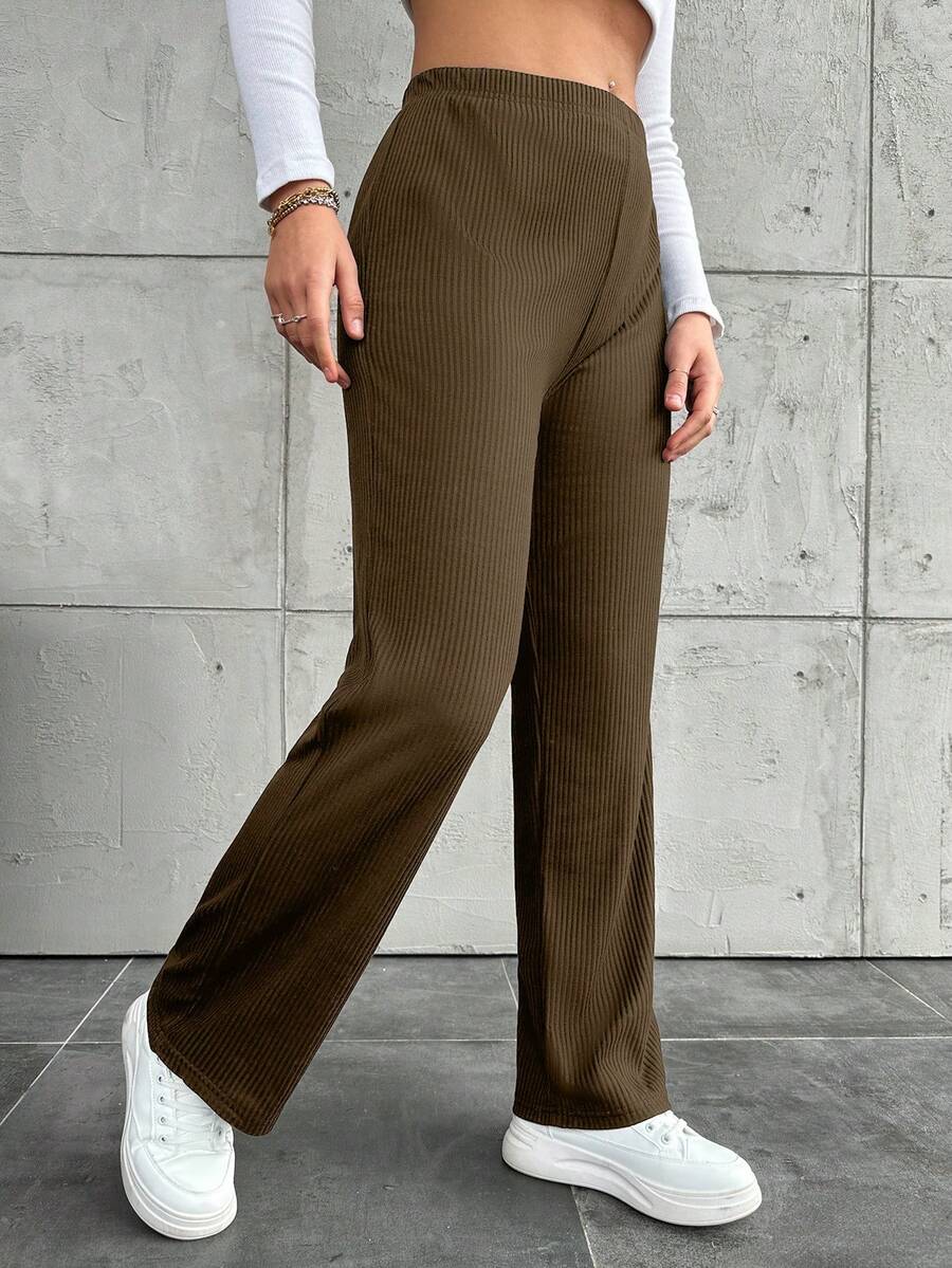 Plus Size Casual Solid Color Straight Leg Pants - Brown - View 1