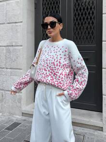 EURMUSE Moher Yarn Pullover Leopard Pattern Pullover Fall Winter - Baby Pink - View 3