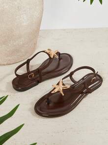 SHUZIA Giày sandal quai chữ T bằng da lộn họa tiết sao biển ánh kim dành cho nữ – Sang trọng, thoải mái và phù hợp đi biển. - Màu nâu Sô-cô-la - Xem 5